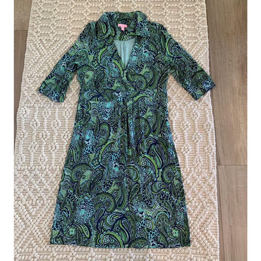 Lilly Pulitzer Blayney Silk Dress Blue Green Paisley Print Pockets Size 14